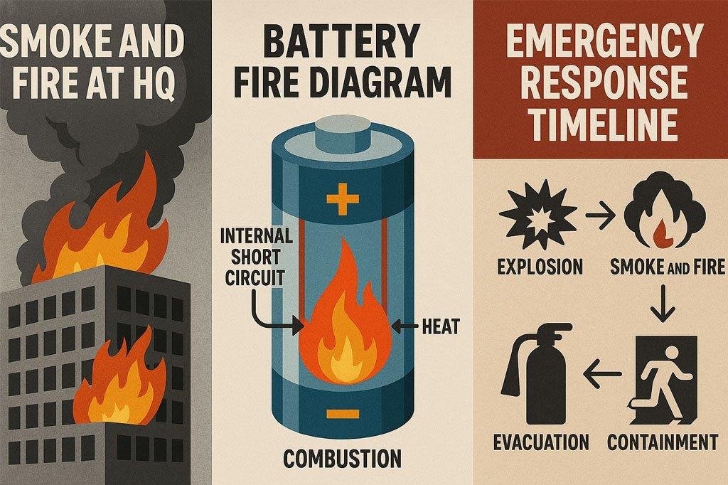Smoke and flames rising from Faraday Future LA headquarters during vehicle fire incident.