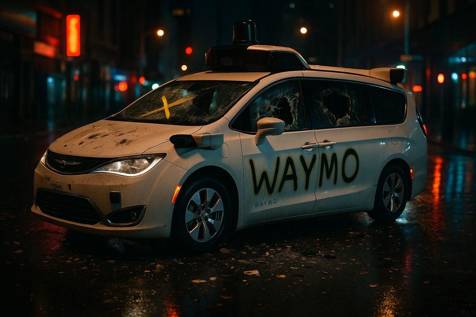 A vandalized Waymo vehicle stands as a symbol of societal tension in the AI age.