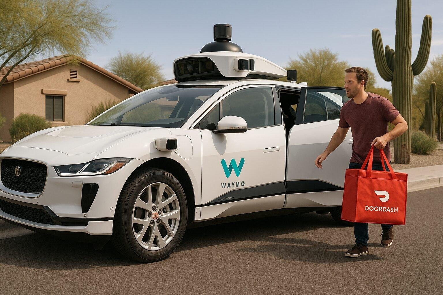 Waymo's autonomous vehicle delivering a DoorDash order in Phoenix.